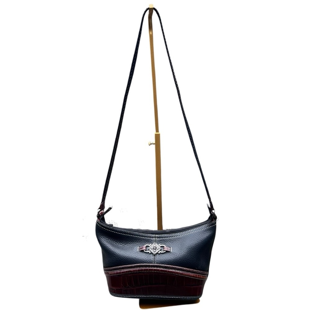Brighton Pebble Leather Shoulder Bag Croc Trim Heart Derail Braided Strap